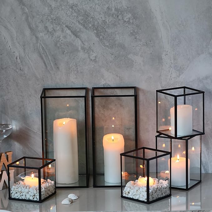 Phosphor 6 PCS Glass Hurricane Candle Holder, Black Glass Candle Holder for Wedding Party Christmas Or Home Decor