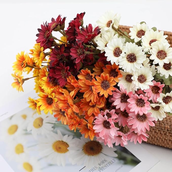 Artificial Mums for Outdoors, Faux Sunset Mum Flowers Planters for Indoor Outside Decor, Fake Look Real, Vibrant, UV Resistant, Waterproof, Windproof (1Mix, 10 Bundle)