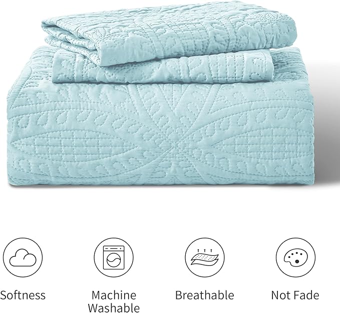 Love's cabin California King Size Quilt Set Spa-Blue Bedspreads - Soft Summer Lightweight Polyester Bedspread- Modern Style Coin Pattern Coverlet for All Season - 3 Piece (1 Quilt, 2 Pillow Shams)