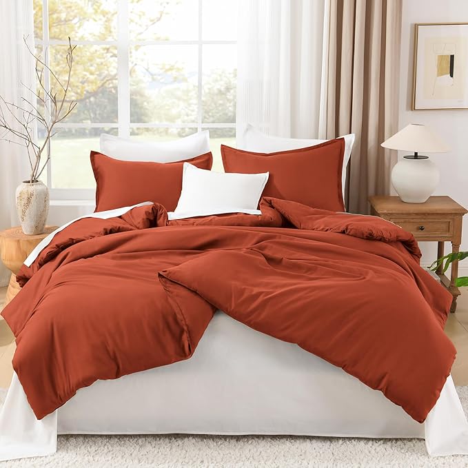 Litanika Comforters Burnt Orange Oversized Queen Size, 3 Pieces Lightweight Solid Bedding Comforter Set, All Season Fluffy Bed Set (98x98In Comforter & 2 Pillowcases)