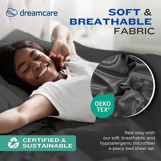 DREAMCARE California King Sheet Sets - Cooling Bed Sheets - 4pcs Set - up to 15" Deep Pocket Cal King Sheets - California King Sheets - Soft & Lasting 100% Brushed Polyester with Side Pocket - Gray