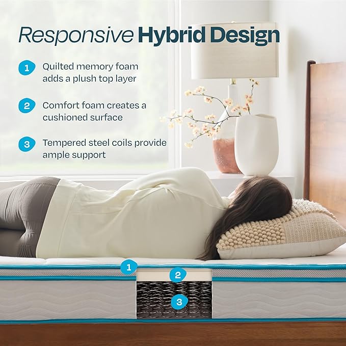 Linenspa 8” Memory Foam and Innerspring Hybrid Mattress + 14” Black Metal Platform Bedframe – Twin XL Mattress + Metal Folding Twin XL Bedframe