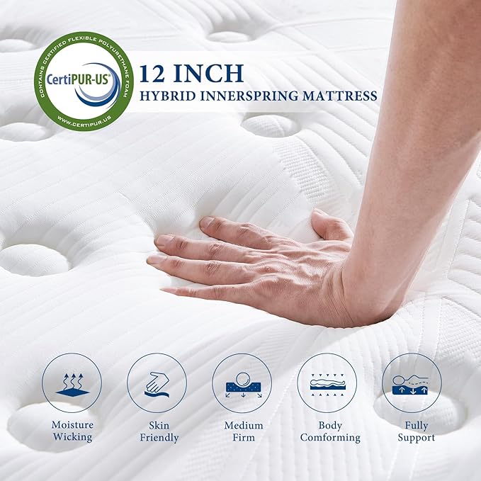 Coolvie King Mattress 12 Inch Hybrid Mattresses King Size Bed Mattress in A Box Mattresses Individual Pocket Springs with Memory Foam Layer Provide Motion Isolation & Cool Sleep