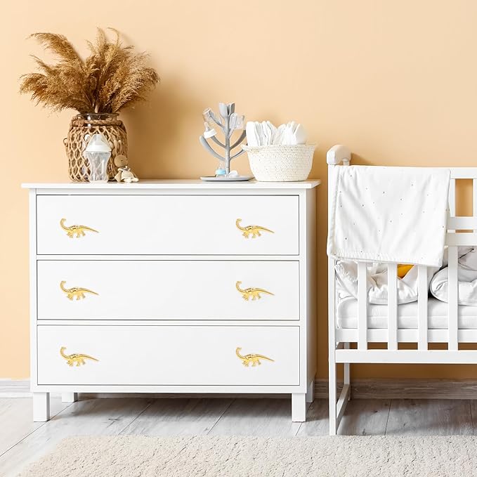 8 Pack Metal Dinosaur Knobs for Kids Furniture - Veggie Dino Theme Gold Finish Drawer Pulls & Cabinet Handles, Scratch-Resistant (Herbivore)