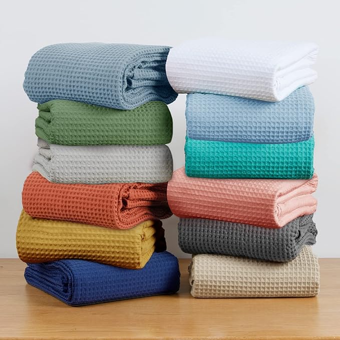 PHF 100% Cotton Waffle Weave Throw Blanket，Pre-Washed Snag Proof Lightweight Breathable Moisture-Wicking for Layering in Cold Weather for Couch Bed,Machine Washable,Home Decor Gift-Loden Green