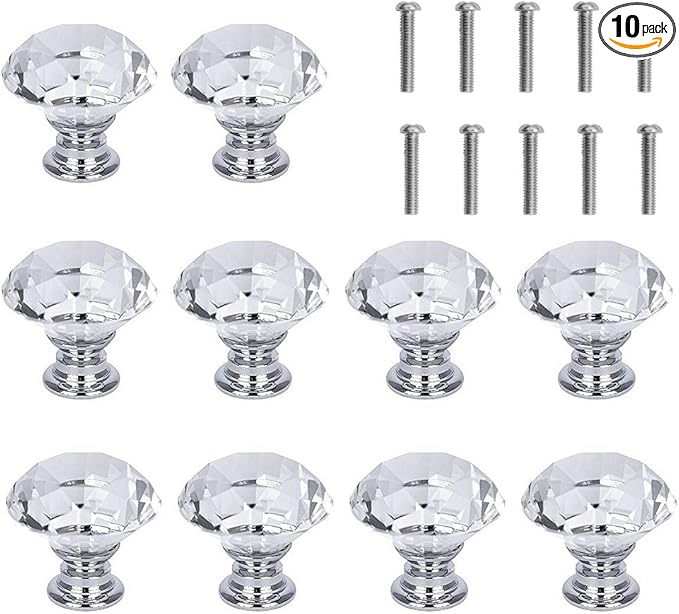 10 Pcs White Clear Crystal Glass Cabinet Knobs 30mm Diamond Shape Drawer Kitchen Cabinets Dresser Cupboard Wardrobe Pulls Handles