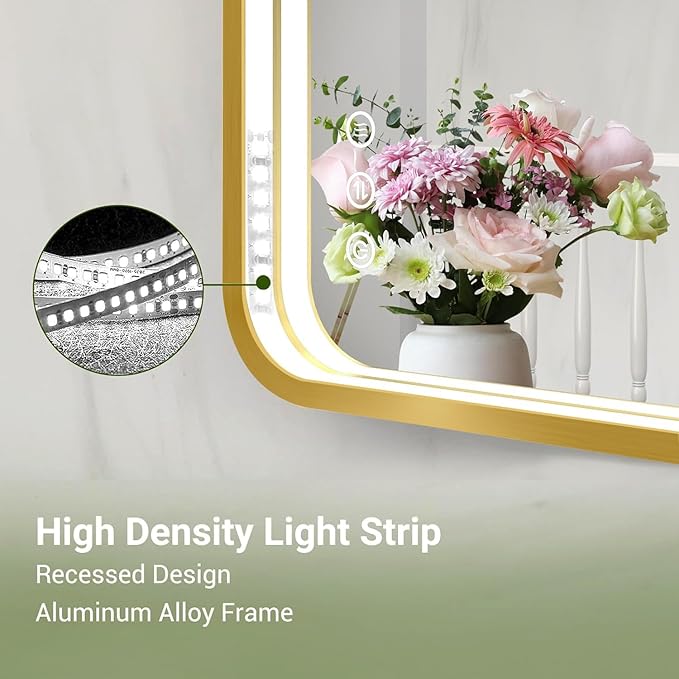 LED Bathroom Mirror with Lights, 20x28 Inch Brushed Gold Metal Frame LED Mirror for Bathroom, Stepless Dimmable 3 Colors Wall Mounted Lighted Bathroom Vanity Mirror, Anti-Fog, Memory