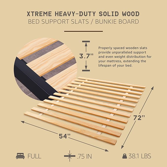 Hercules Xtreme Bed Support Slats, Heavy-Duty Solid Pine Wood Bunkie Board, Full Size