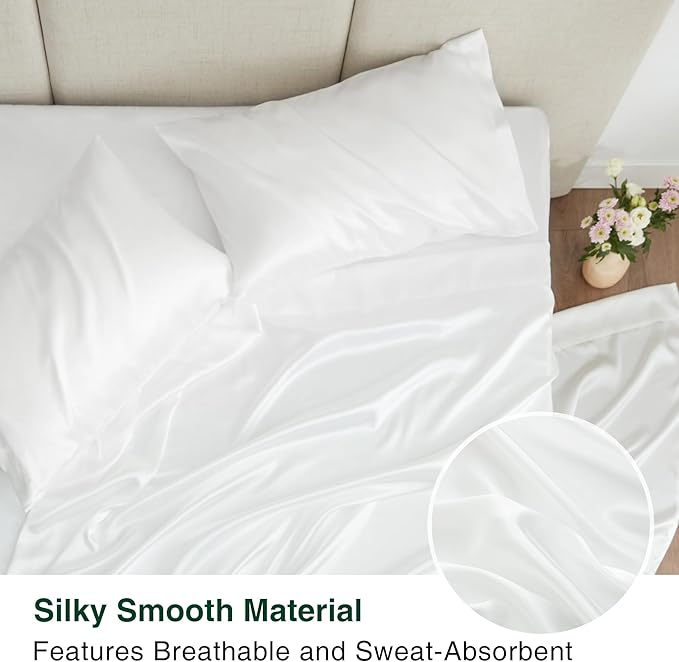 Love's cabin Full Size Satin Sheet Sets - 4 Piece White Silky Satin Sheet Set Full with Deep Pocket, Luxury Silk Feel Satin Bed Sheets Full Bedding Set (1 Flat Sheet,1 Fitted Sheet,2 Pillow Cases)