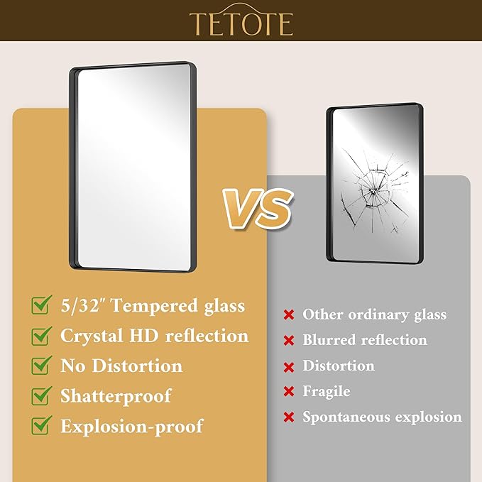 TETOTE Black Mirror 16 x 20 Matte Black Metal Framed Bathroom Mirror, Tempered Glass, Modern Farmhouse Wall Mounted Mirror for Decorative(Horizontal/Vertical)