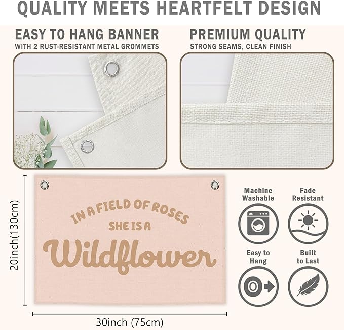 Pink Girls Kids Banner Canvas, Preppy Girly Toddler Room Decor, Inspirational She Is A Wildflower Hanging Flag Sign, Nursery Wall Tapestry Art for Baby Shower Playroom Bedroom Decor 20x30in