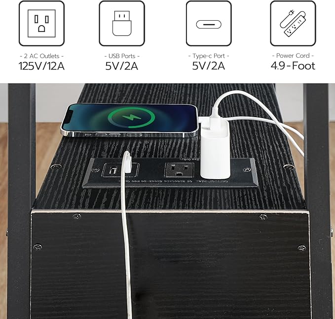 HOOBRO End Table with Charging Station, Narrow Side Table with 2 Drawer & USB Port & Power Outlets, Nightstand for Small Spaces, Stable and Sturdy, for Living Room, Bedroom, Black BK541BZ01