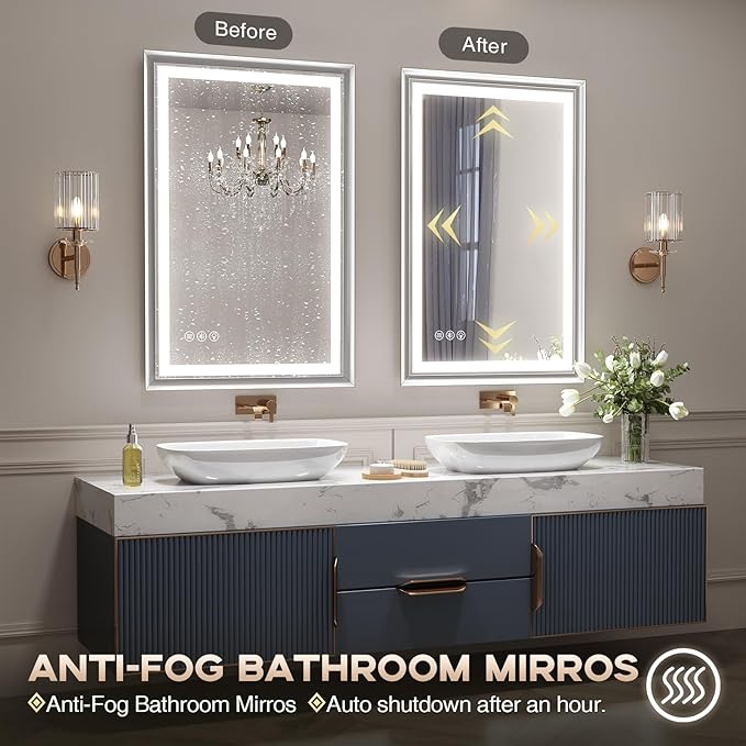 LED Bathroom Mirror, 24“x36“ Lighted Bathroom Mirror with Metal Framed, Extremely Bright LED Mirror for Bathroom, 3 Colors Dimmable, Anti-Fog, Memory, Wall Mounted Lighted Vanity Mirror