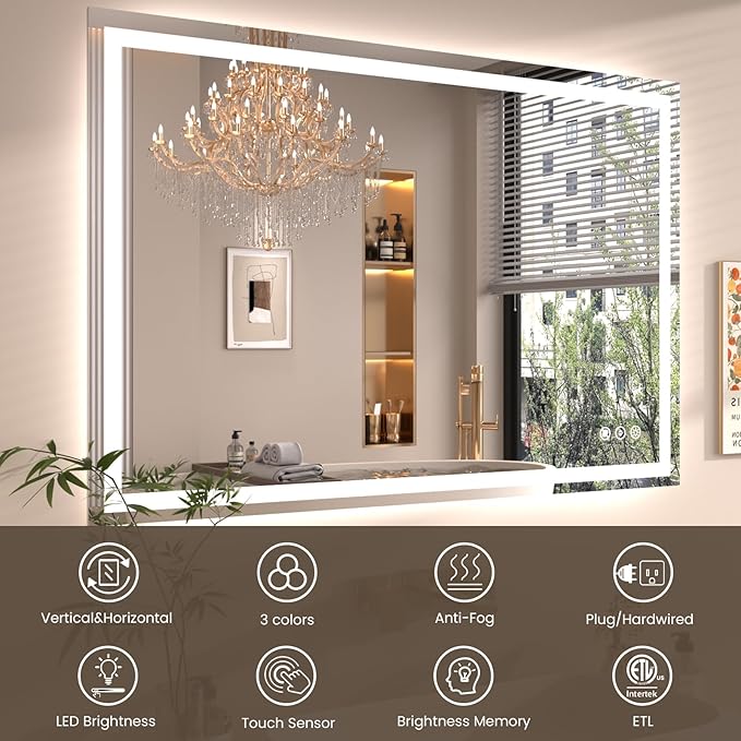 40"X36" LED Bathroom Mirror with Front Lights and Backlit, Anti-Fog, Dimmable, Shatter-Proof Tempered Glass, Lighted Bathroom Vanity Mirror for Wall with 3 Colors, Memory Function