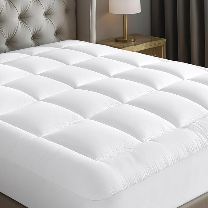 Cloud-Like Queen Mattress Topper - 100% Cotton Top Mattress Pad for Back Pain Relief - Breathable & Naturally Cooling for Hot Sleepers, White