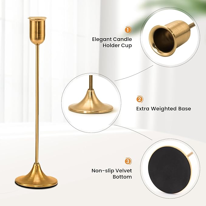 6 Pcs Brass Gold Candle Holders Set, Candelabra Tall Candle Stand, Metal Taper Candlestick Holders for Dining, Table Centerpieces & Vintage Home Decor– Housewarming Gift for Halloween Decor, Christmas