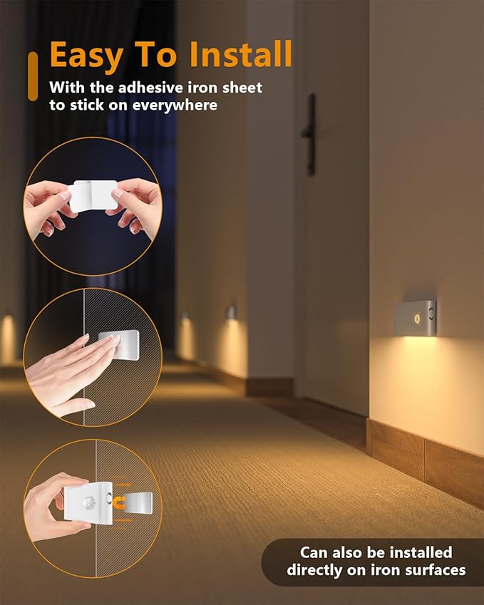 WILLED Motion Sensor Night Light, Rechargeable Stair Lights Indoor, Warm White Motion Sensor Light Indoor, Battery Operated Night Light for Hallway, Stairway, Bathroom, Bedroom, Kitchen, 3 Pack