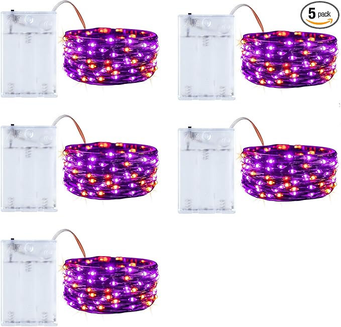 Minetom Halloween Fairy Lights Battery Operated, 5 Pack 7 FT 20 LED With Timer, Black Wire String Lights Indoor for Bedroom Party Classroom, Orange and Purple