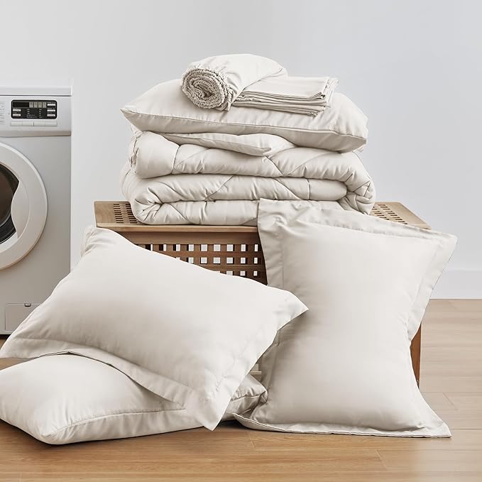 Love's cabin Full Comforter Set Off White, 7 Pieces Full Bed in a Bag, All Season Bedding Sets with 1 Comforter, 1 Flat Sheet, 1 Fitted Sheet, 2 Pillowcase and 2 Pillow Sham