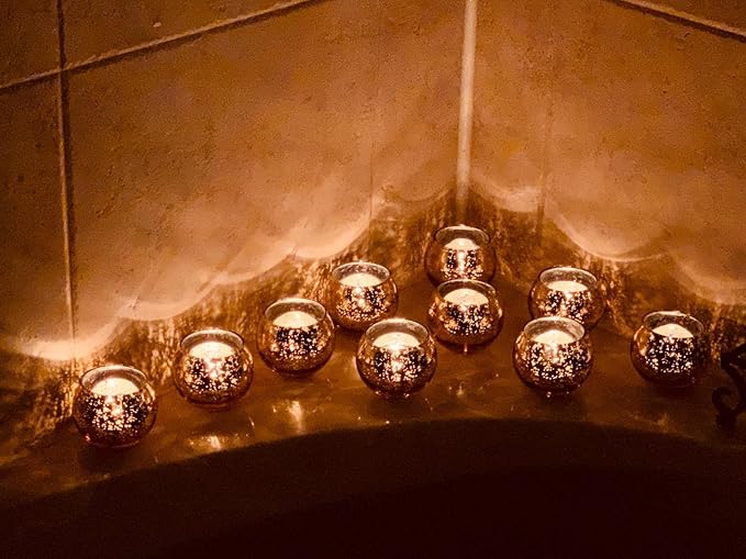 Volens Round Gold Votive Candle Holders, Mercury Glass Candle Holder Set of 12, Thanksgiving Decorations for Home