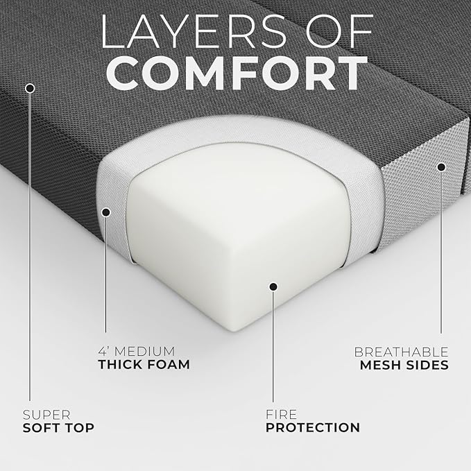 Cozzzi 4 Inch Twin Folding Mattress for Floor and Traveling with Removable Cover - Lightweight and Portable Mattress for Adults & Kids - Compact and Easy to Storage (75in x 39in x 4in)