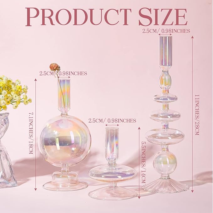 Rtteri 3 Pcs Glass Candlestick Holders Glass Candle Holders Groovy Wavy Elegant Taper Candle Stick for Wedding Home Birthday Party Christmas Halloween Decoration Windowsill Decor(Colorful)