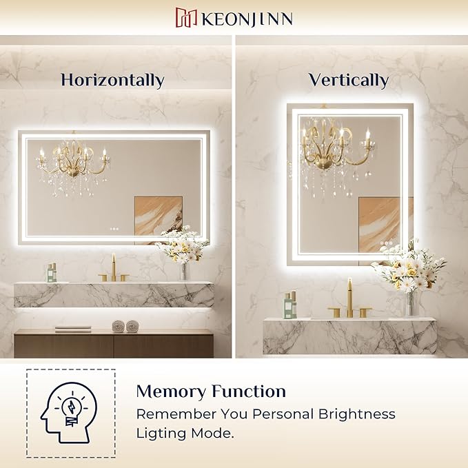 Keonjinn Bathroom LED Mirror 30 x 30 Inch Frontlit and Backlit, Tempered Glass Stepless 3 Colors Temperature & Dimmable Square Wall Mirror, UL Listed LED Driver, Double LED Strips, Anti-Fog