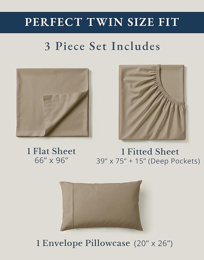 LANE LINEN 100% Organic Cotton Sheets Set Pure Long- Staple Percale Weave - Bedding for Bed Fits Mattress Upto 15in Deep Pocket (Twin Taupe)