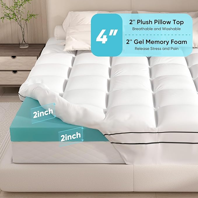 Memory Foam Mattress Topper Cover, Full Size 4inch, White, Dual Layer Gel & Pillow Top, CERTIPUR-US Certified, Machine Washable, Pressure Relieving, 54x75 inch