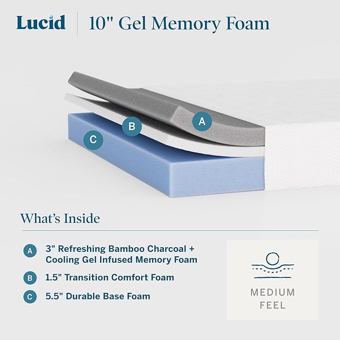 Lucid 10 Inch Memory Foam Mattress - Medium Feel - Infused with Refreshing Bamboo Charcoal and Cooling Gel - Bed in a Box - Temperature Regulating - Pressure Relief - Breathable - Queen Size