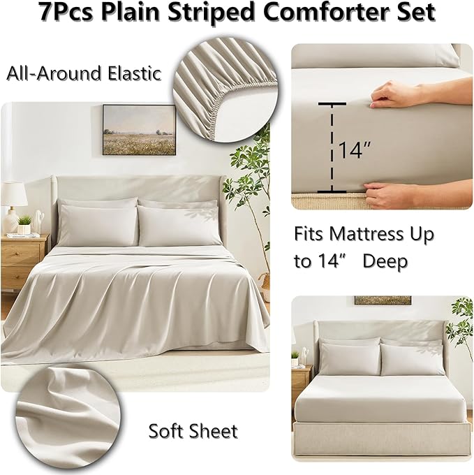 CozyLux California King Comforter Sets Beige, 7 Pieces Cal King Bed in a Bag, All Season Bedding Sets with Stitch Quilted Comforter, Flat Sheet, Fitted Sheet, Pillowcases