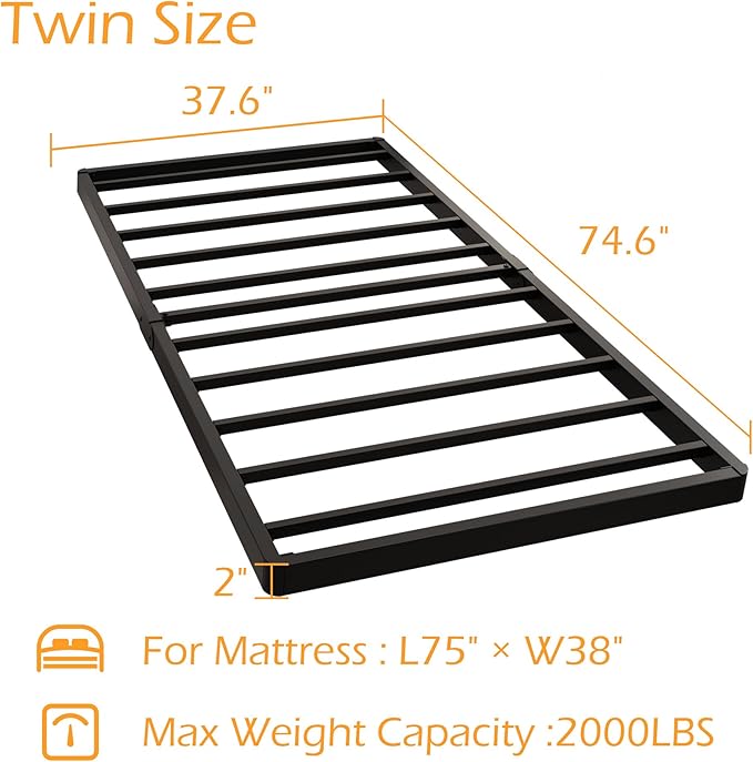 Twin Box Spring 2 Inch Low Profile, Heavy Duty Metal Box Spring Bed Base Bunkie Board, Mattress Foundation, Easy Assembly, Noise Free, Black