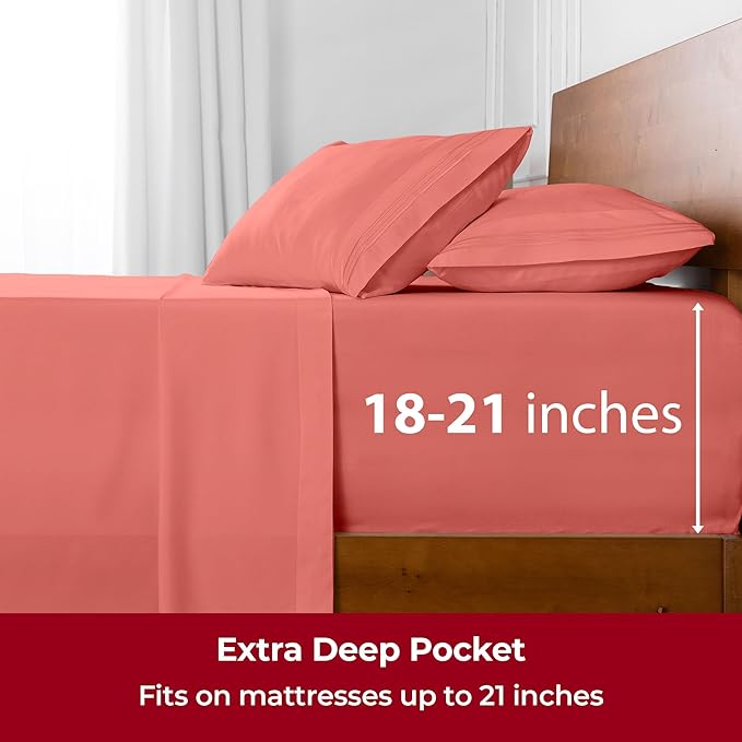 Mellanni Extra Deep Queen Sheets - 4 PC Iconic Collection Bedding - Hotel Luxury, Ultra Soft, Cooling Bed Sheets - Wrinkle, Fade, Stain Resistant (Queen, Coral)