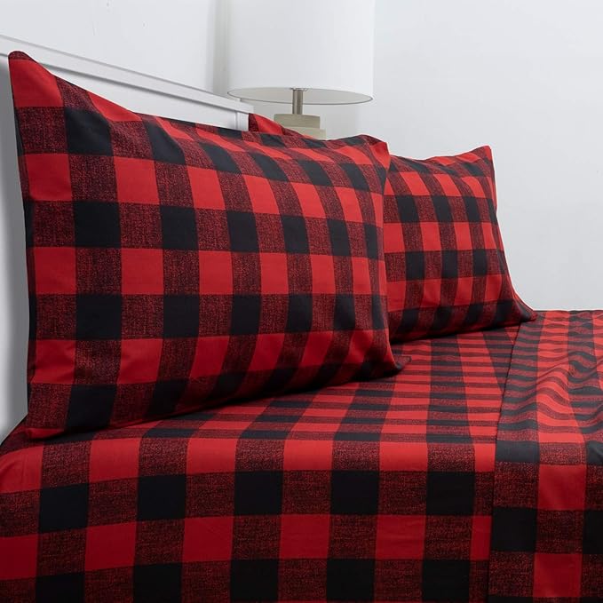 1800 Thread Count Sheet Set – Soft Egyptian Quality Brushed Microfiber Sheets – Luxury Bedding Set with Flat Sheet, Fitted Sheet, Pillow Cases, Twin, Buffalo Check Burgundy, Sheet Set