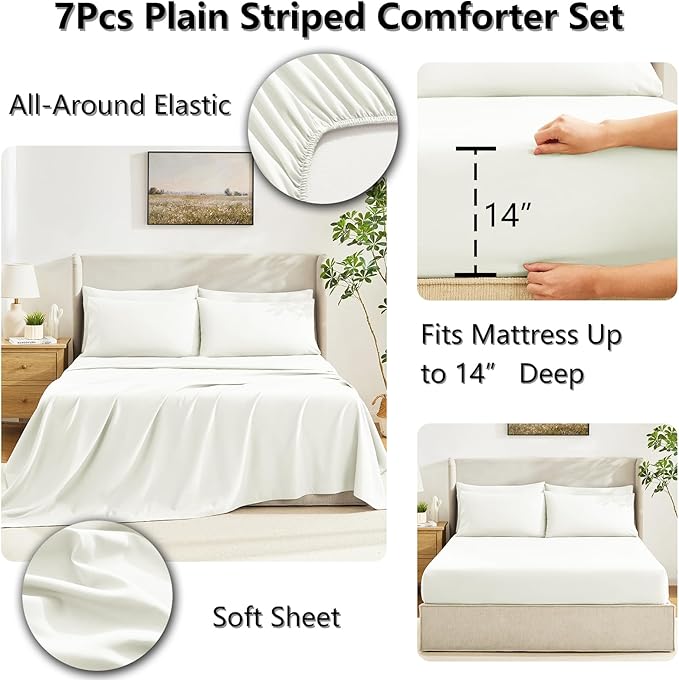 CozyLux Queen Size Comforter Set Ivory - 7 Pieces Bed in a Bag, Cream Off White Comforter Queen Size, Bedding Sets with All Season Quilted Comforter, Flat Sheet, Fitted Sheet, Pillowcases