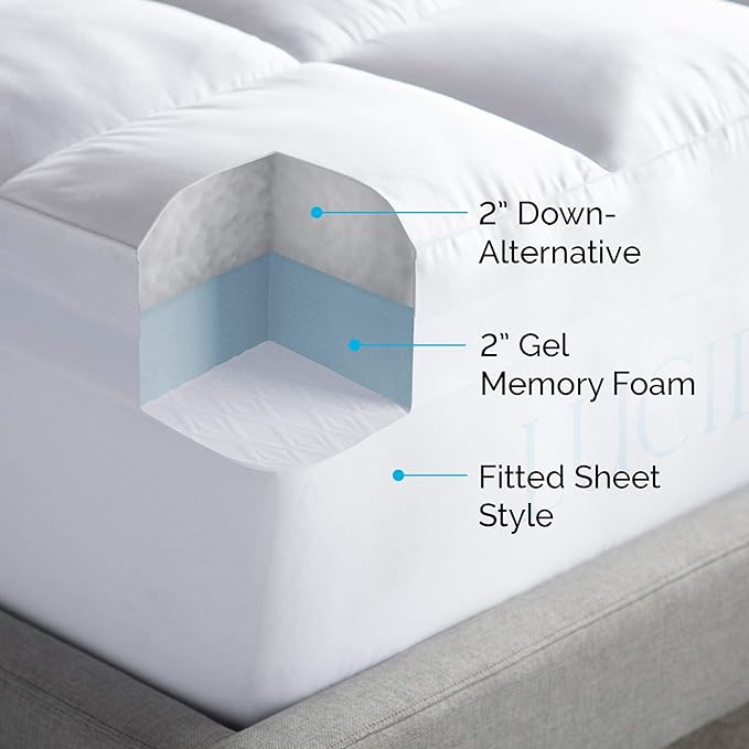 LUCID 4 Inch Down Alternative and Gel Memory Foam Mattress Topper - Three Toppers In One - Full , White