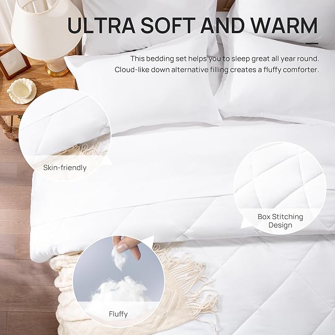 Love's cabin King Size Comforter Set White, 7 Pieces King Bed in a Bag, All Season Bedding Sets with 1 Comforter, 1 Flat Sheet, 1 Fitted Sheet, 2 Pillowcase and 2 Pillow Sham