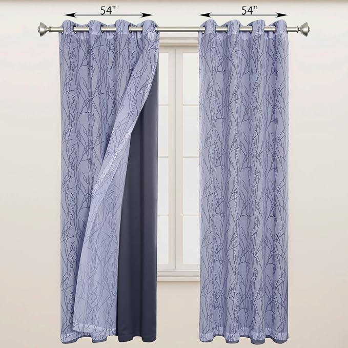 BONZER Mix and Match Curtains - 2 Pieces Branch Print Sheer Curtains and 2 Pieces Blackout Curtains for Bedroom Living Room Grommet Window Drapes, 54x95 Inch/Panel, Grey Dark, Set of 4 Panels