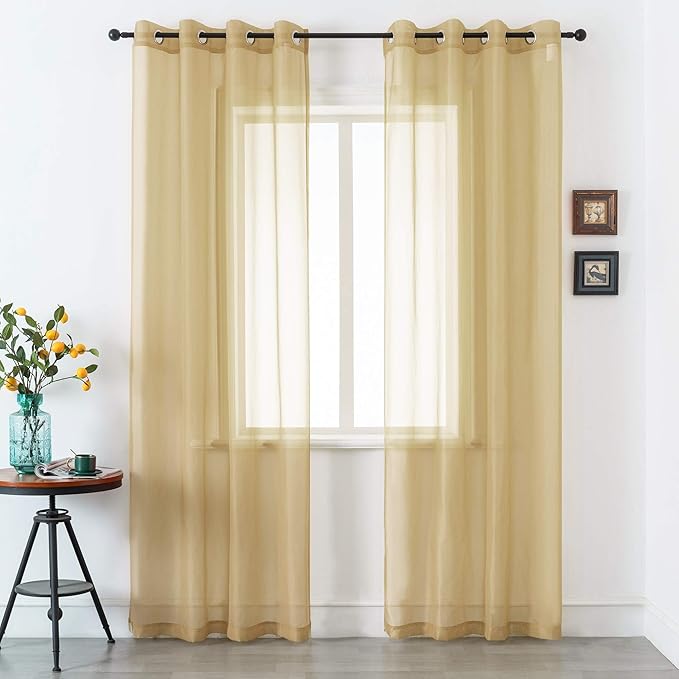 DUALIFE Tan Beige Sheer Curtain 120 Inch Length Light Brown Semi Voile Sheer Curtains Drapes for Living Room and Bedroom Window Treatments 2 Panels 52x120 Inches Long Natural Taupe