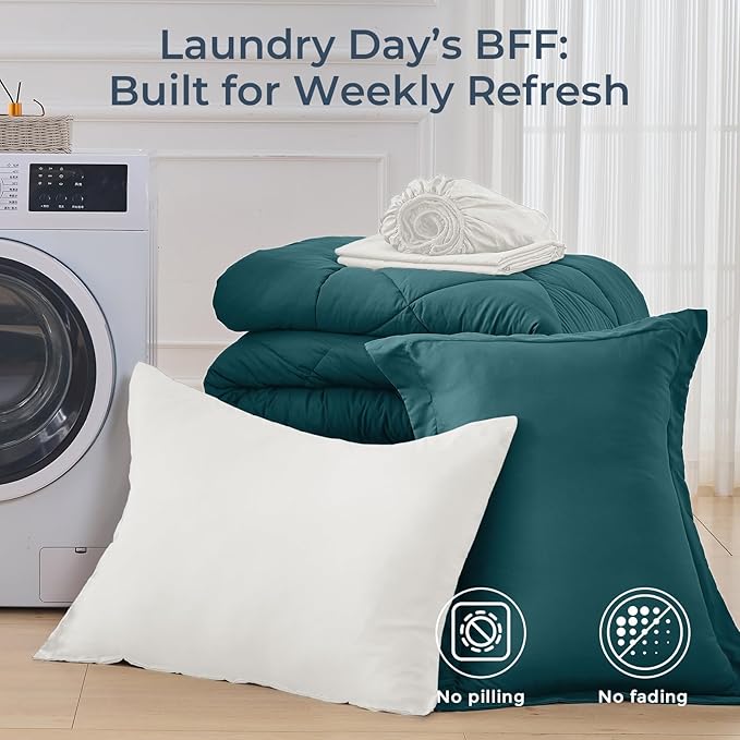 HEVUMYI Twin Comforter Set - 5-Piece All Season Bed in a Bag Twin, Ultra Soft Bedding Set with Comforter, Flat Sheet, Fitted Sheet, Pillowcases, Pillow Shams, Peacock Blue & Ivory