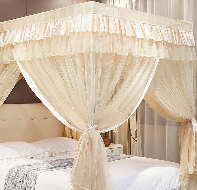 Mengersi Canopy Bed Curtains Full Sizes,Bed Canopy for Girls Royal Luxurious Cozy Bed Drapes Girls Room Decor(Ivory,Full)