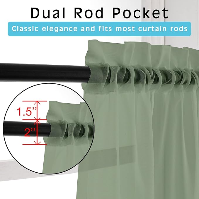 OWENIE Short Sage Green Sheer Curtains 24 Inches Long 2 Panels for Bathroom Window, Rod Pocket Light Filtering Sheer Tier Curtains for Small Kitchen Laundry Room, RV, Camper Travel Trailers, 42W x 24L