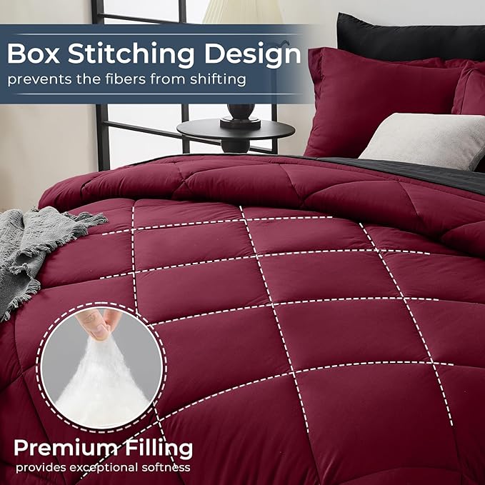 HEVUMYI Red & Black Full Comforter Set - 7-Piece All Season Bed in a Bag Full, Ultra Soft Burgundy Bedding Set with Comforter, Flat Sheet, Fitted Sheet, Pillowcases, Pillow Shams, Burgundy Red & Black