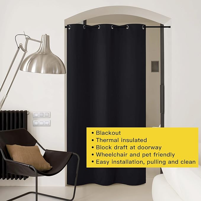NICETOWN Door Curtain for Doorway Privacy, Curtains 120 Inch Length, Room Divider Curtain, Blackout Temporary Insulated Closet Drape for Bedroom Closet (1 Panel, 10ft Tall x 5ft Wide, Black)