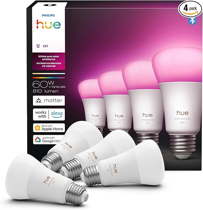 Philips Hue Smart LED A19 Bulb, White & Color Ambiance, E26 Base, 7.2W, Full Spectrum Light 1000K-20000K, 810 Lumens, Dimmable, Works with Alexa, Google,& Apple Home, 4pk