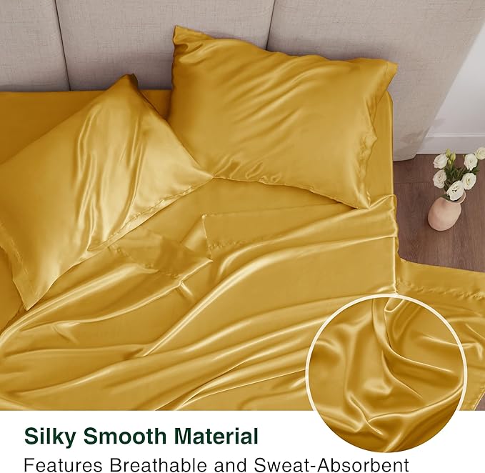 Love's cabin Satin Queen Sheets Set - 4 Piece Gold Silky Bed Sheets with Deep Pocket, Luxury Silk Feel Satin Queen Size Sheet Set (1 Flat Sheet,1 Fitted Sheet,2 Pillow Cases)