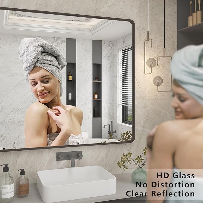 36x36 Square Bathroom Framed Mirror for Wall, Brushed Bronze Metal Bathroom Vanity Mirror, Rounded Rectangle Mirror, Anti-Rust, Tempered Shatterproof (Horizontal/Vertical)