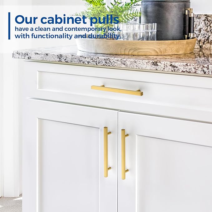 JOY DECOR 30 Pack 6-1/4 Inch Brushed Brass Square Cabinet Handles Stainless Steel Cabinet Hardware Pulls for Kitchen and Drawers with 8-13/16 Inch Overall Length
