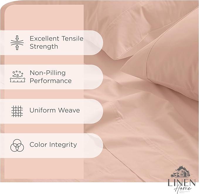Linen Home 100% Cotton Percale Sheets Queen Size, Brushed Rose, Deep Pocket, 4 Pieces Set - 1 Flat, 1 Deep Pocket Fitted Sheet and 2 Pillowcases, Crisp Cool and Strong Bed Linen
