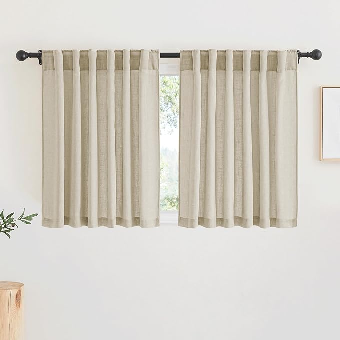 RYB HOME Linen Sheer Curtains - Solid Privacy Textured Semi Sheer Drapes Light Glare Filtering Airy Window Covering for Living Room Bedroom Doorway, Beige, W 52 x L 45 inches Long, 2 Panels